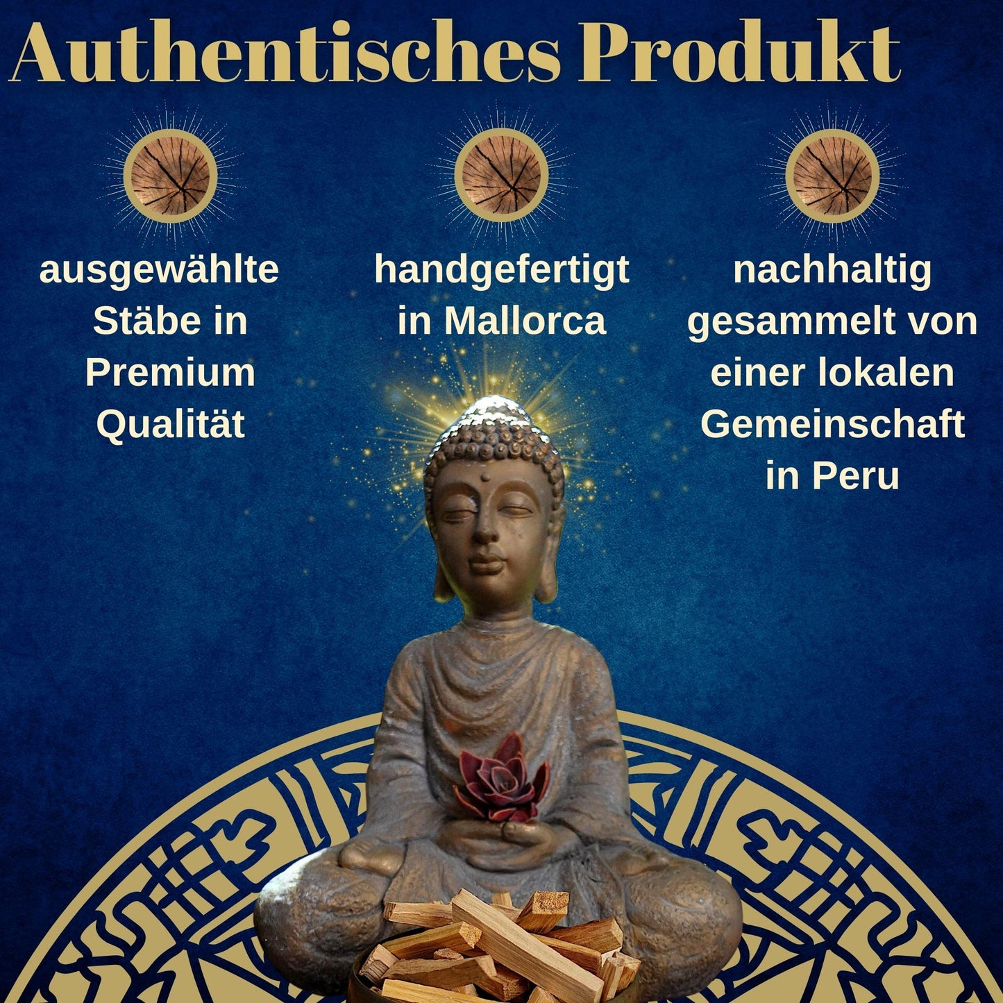 ELEVAVIDA® Palo Santo Gold – Set aus 6 extra großen Stäben mit „Goldrinde“, handgefertigter Halter und Broschüre in edler Geschenkschachtel - ideales aromatisch duftendes spirituelles Geschenk