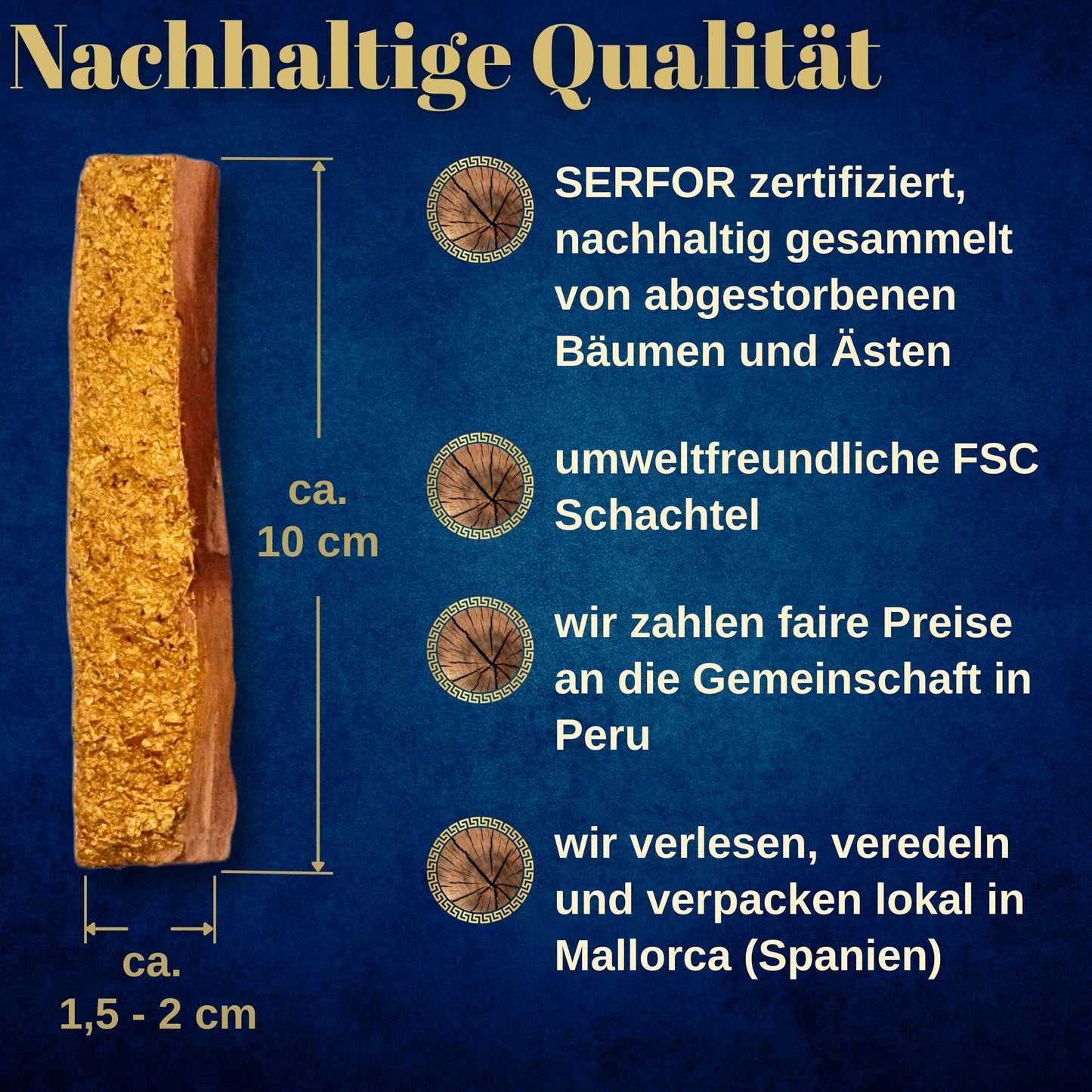 ELEVAVIDA® Palo Santo Gold – Set aus 6 extra großen Stäben mit „Goldrinde“, handgefertigter Halter und Broschüre in edler Geschenkschachtel - ideales aromatisch duftendes spirituelles Geschenk