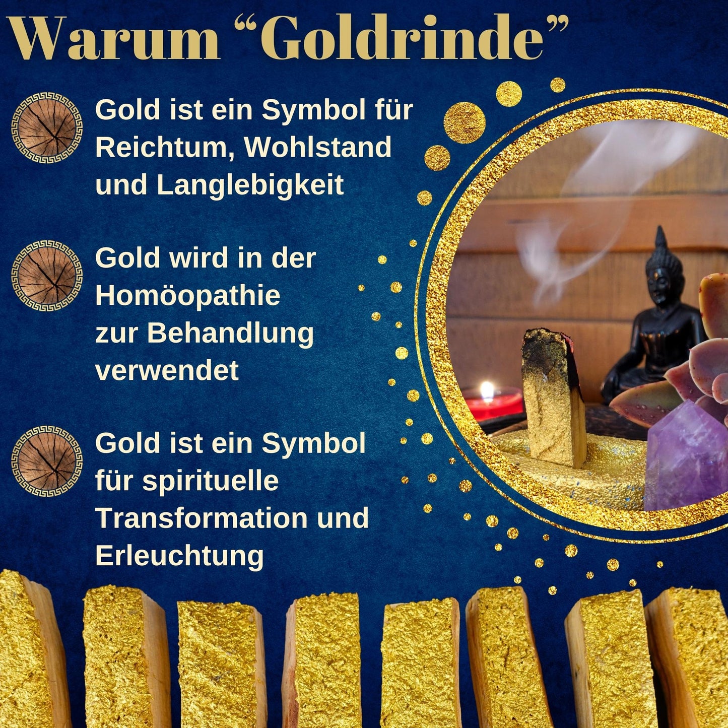 ELEVAVIDA® Palo Santo Gold – Set aus 6 extra großen Stäben mit „Goldrinde“, handgefertigter Halter und Broschüre in edler Geschenkschachtel - ideales aromatisch duftendes spirituelles Geschenk