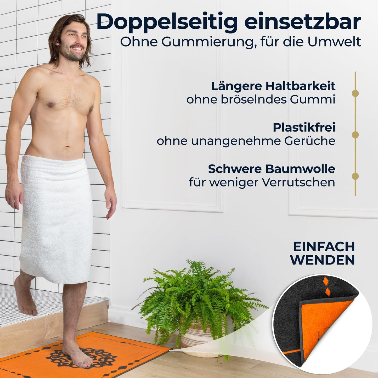 ELEVAVIDA® Design Badvorleger 100% Baumwolle 1000 g/m2 - anthrazit / grau mit Mandala in orange - maschinenwaschbar, schnelltrocknend - Harmonie für Dein Badezimmmer