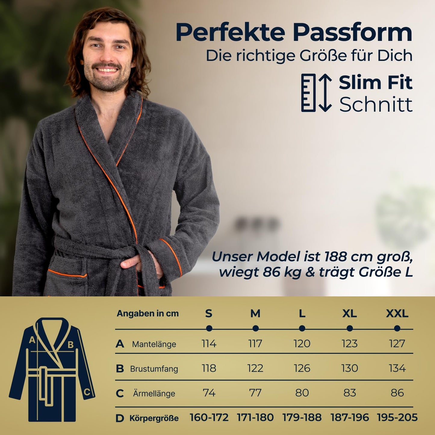 ELEVAVIDA® Herren Bademantel anthrazit aus kuscheliger Baumwolle (400 g/m2) - extra weich und bequem - OEKO-TEX zertifiziert