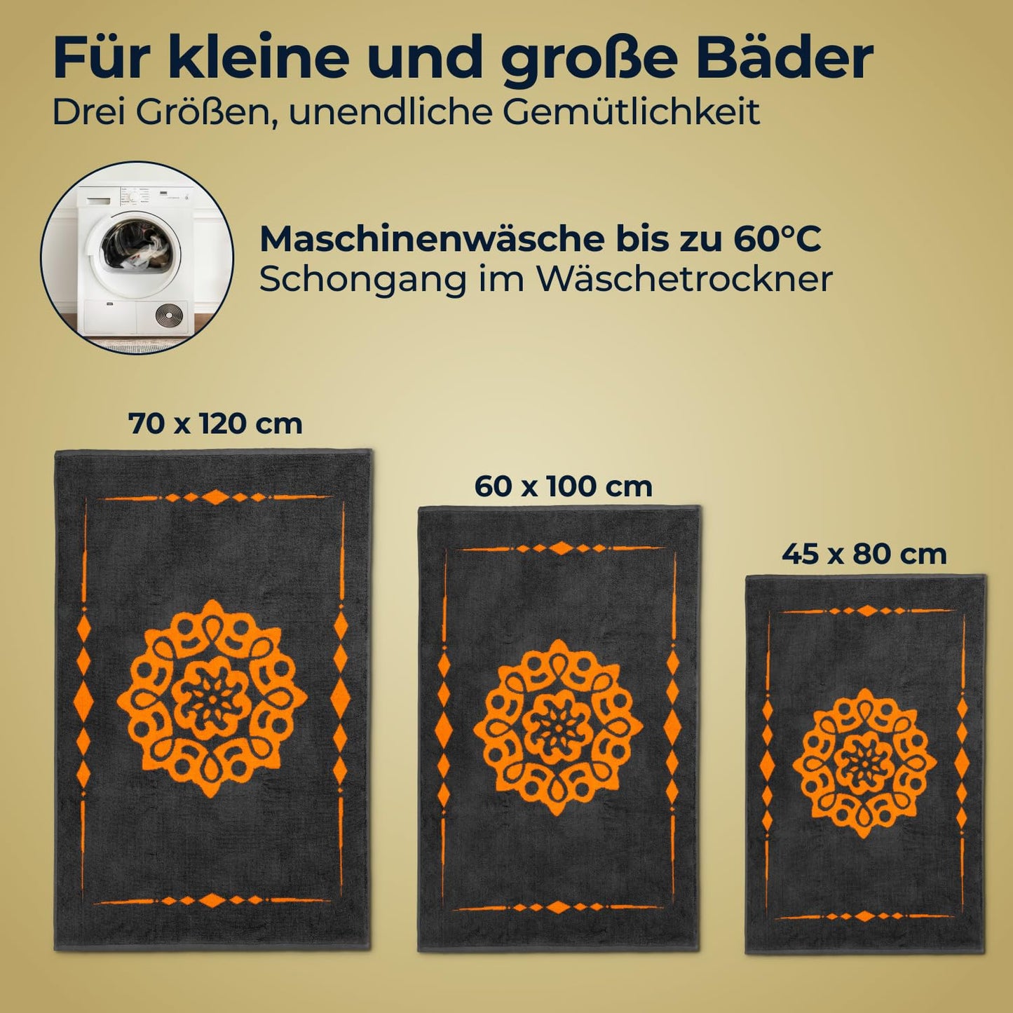 ELEVAVIDA® Design Badvorleger 100% Baumwolle 1000 g/m2 - anthrazit / grau mit Mandala in orange - maschinenwaschbar, schnelltrocknend - Harmonie für Dein Badezimmmer