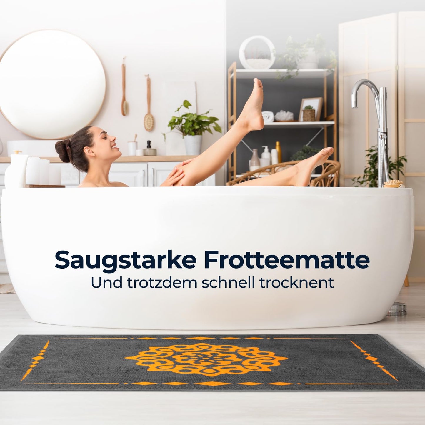 ELEVAVIDA® Design Badvorleger 100% Baumwolle 1000 g/m2 - anthrazit / grau mit Mandala in orange - maschinenwaschbar, schnelltrocknend - Harmonie für Dein Badezimmmer