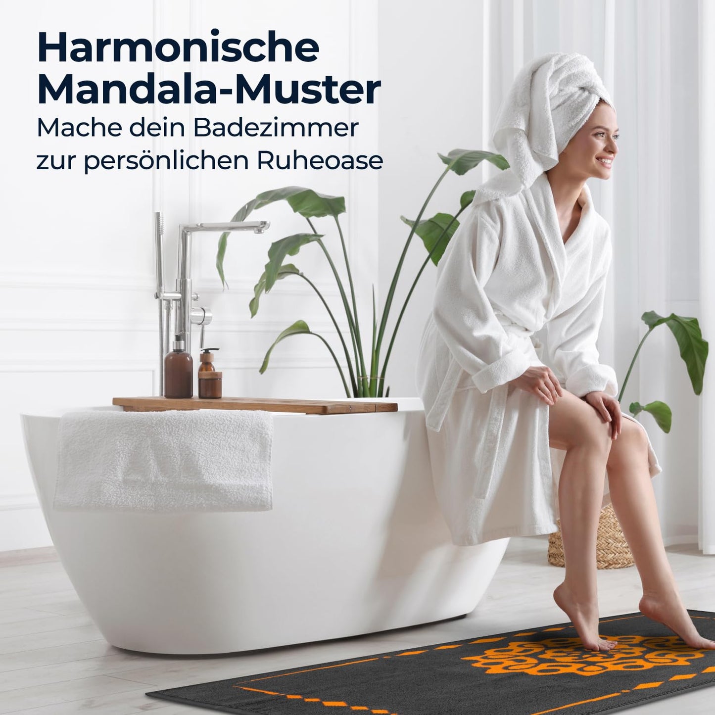 ELEVAVIDA® Design Badvorleger 100% Baumwolle 1000 g/m2 - anthrazit / grau mit Mandala in orange - maschinenwaschbar, schnelltrocknend - Harmonie für Dein Badezimmmer