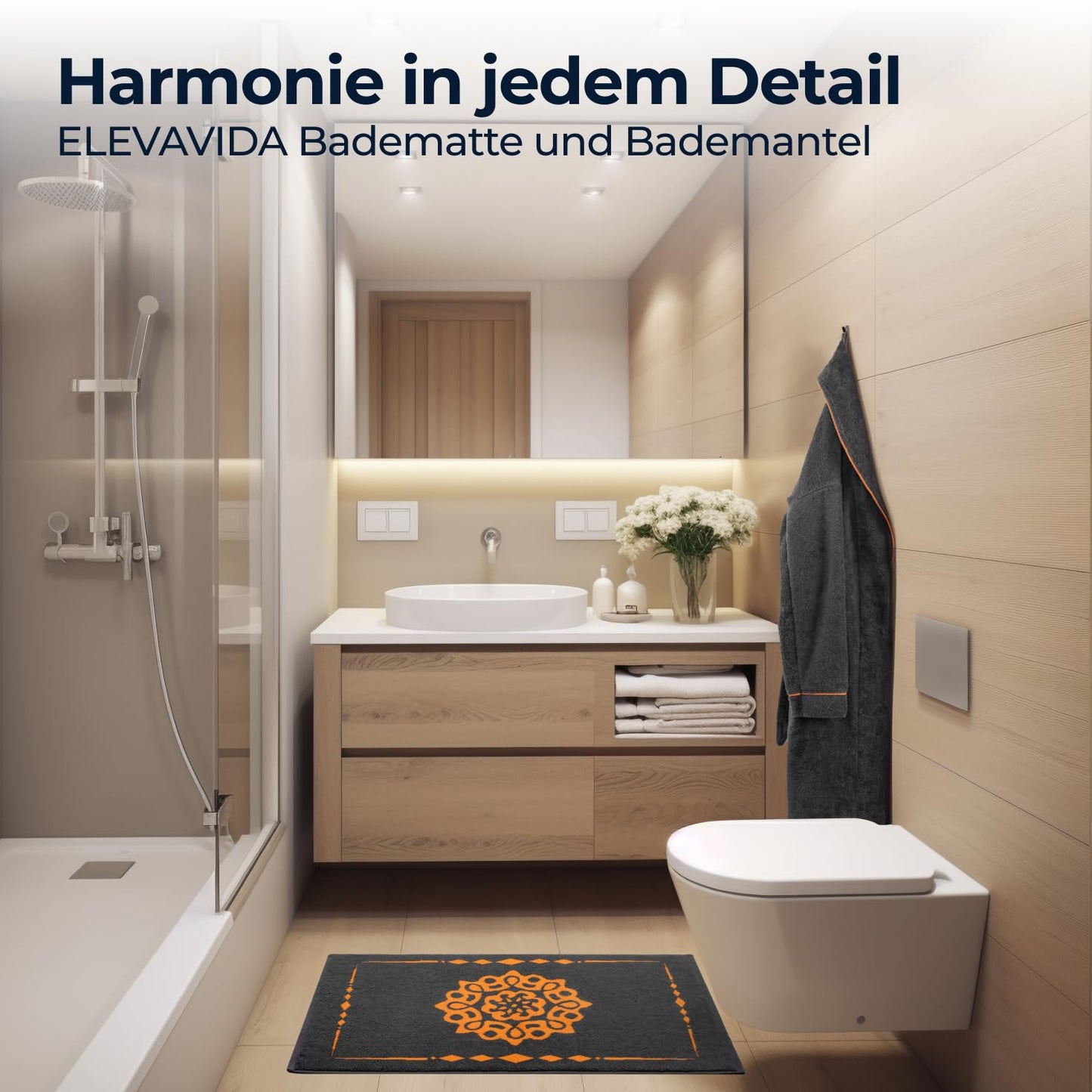 ELEVAVIDA® Design Badvorleger 100% Baumwolle 1000 g/m2 - anthrazit / grau mit Mandala in orange - maschinenwaschbar, schnelltrocknend - Harmonie für Dein Badezimmmer