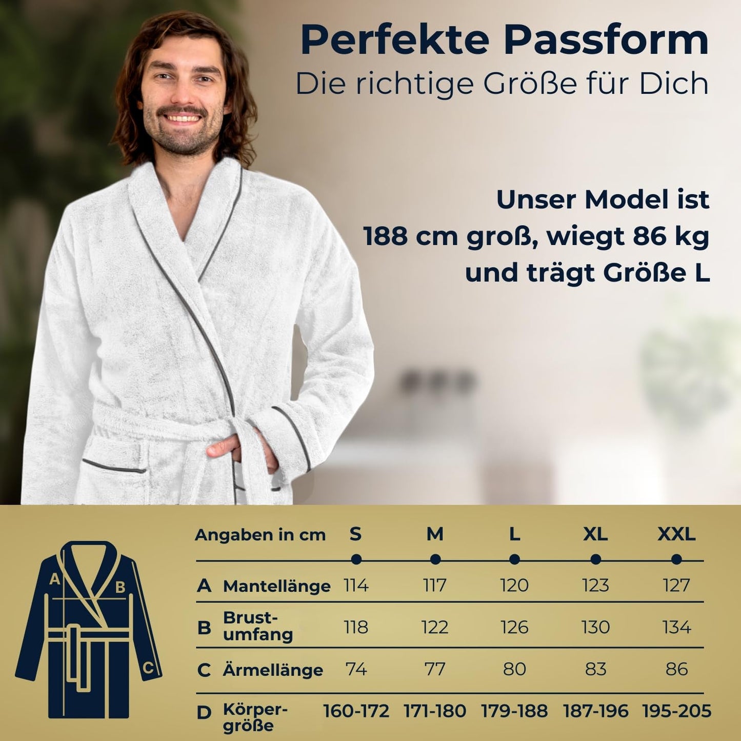 Herren Bademantel blütenweiß aus kuscheliger Baumwolle (430 g/m2) - extra weich und bequem - OEKO-TEX zertifiziert