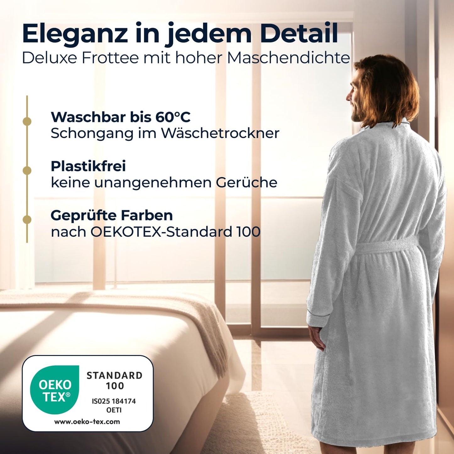 Herren Bademantel blütenweiß aus kuscheliger Baumwolle (430 g/m2) - extra weich und bequem - OEKO-TEX zertifiziert