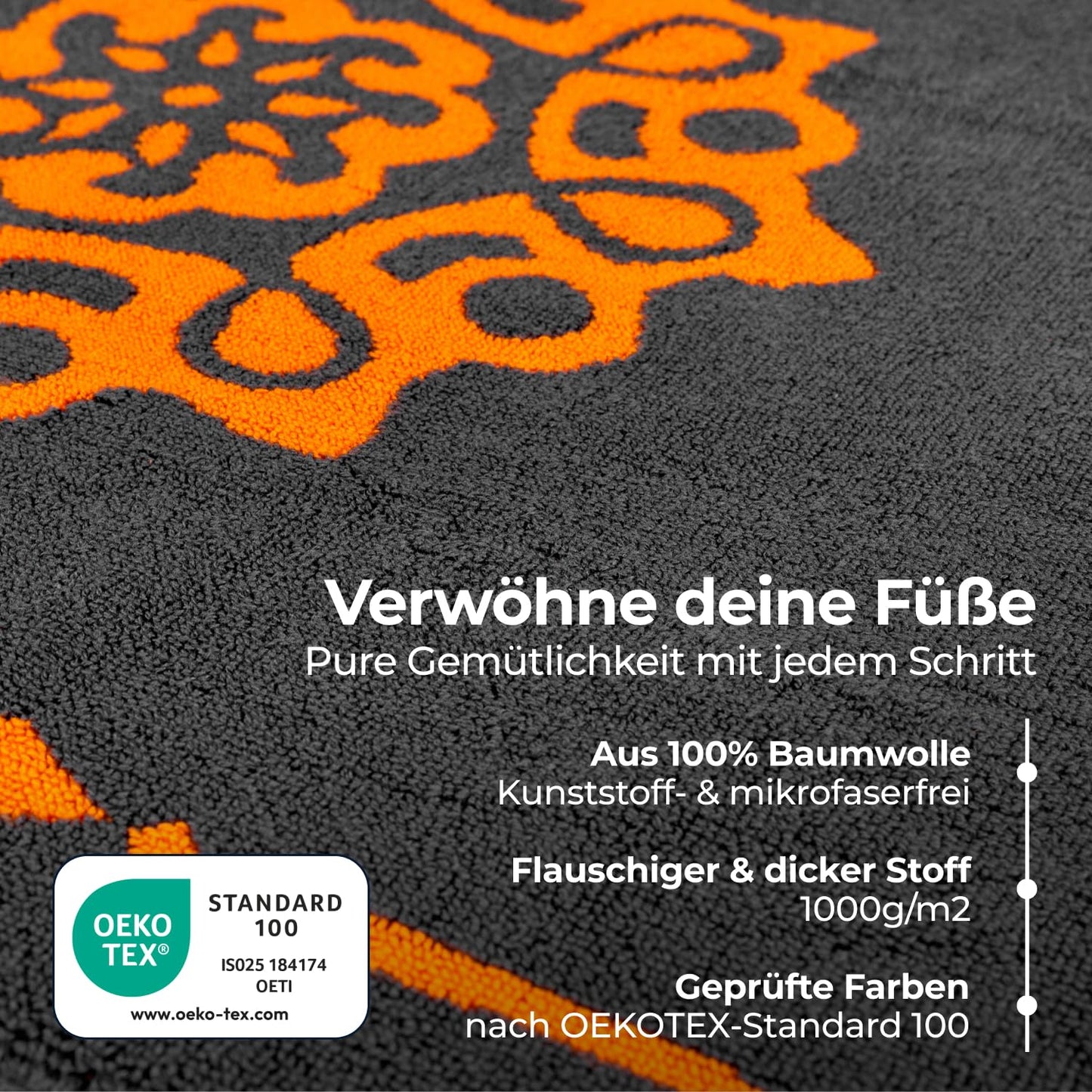 ELEVAVIDA® Design Badvorleger 100% Baumwolle 1000 g/m2 - anthrazit / grau mit Mandala in orange - maschinenwaschbar, schnelltrocknend - Harmonie für Dein Badezimmmer
