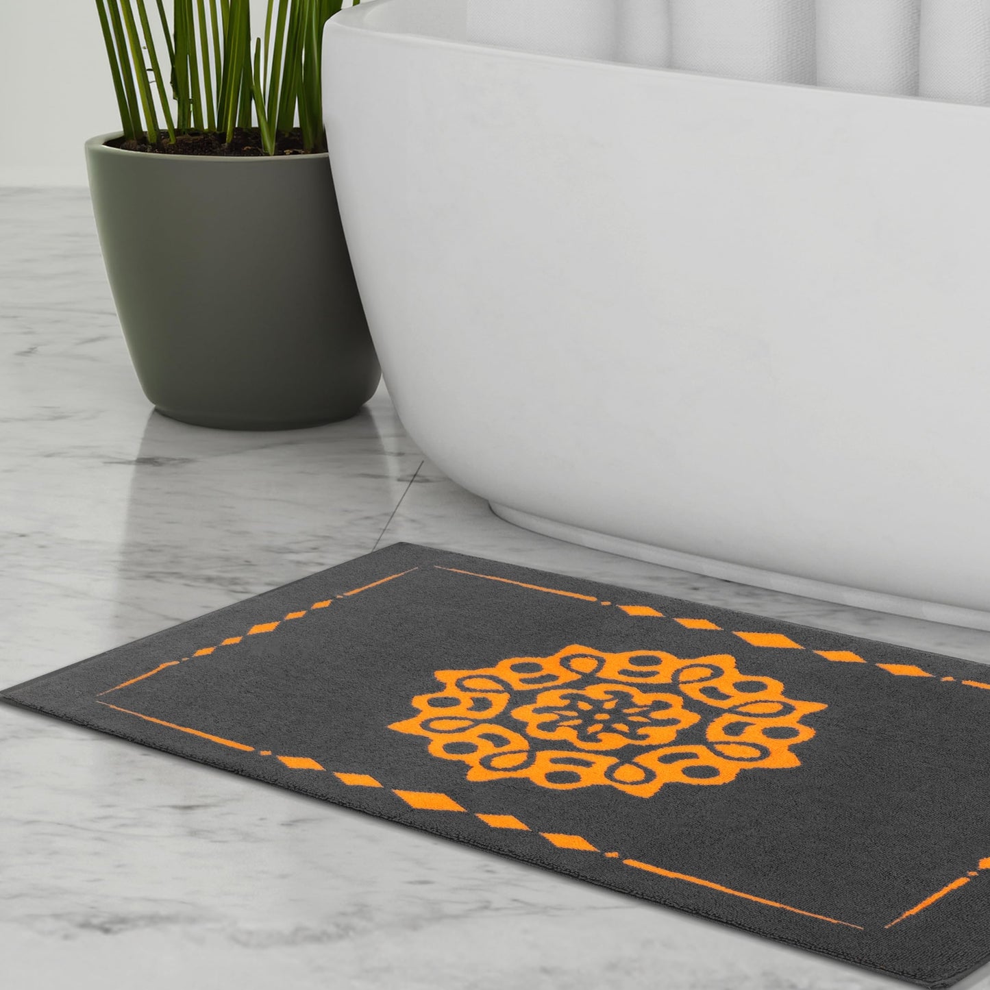 ELEVAVIDA® Design Badvorleger 100% Baumwolle 1000 g/m2 - anthrazit / grau mit Mandala in orange - maschinenwaschbar, schnelltrocknend - Harmonie für Dein Badezimmmer