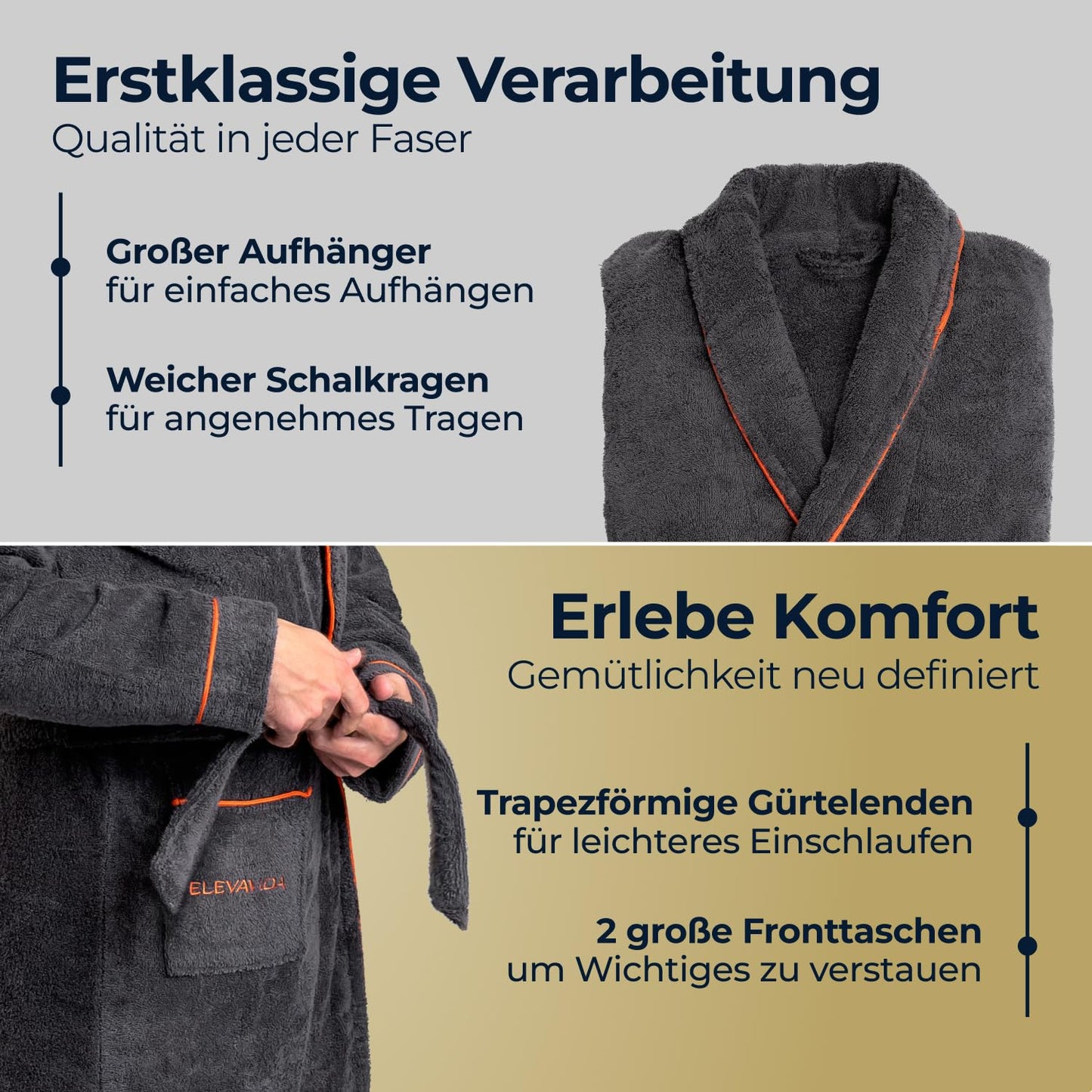 ELEVAVIDA® Herren Bademantel anthrazit aus kuscheliger Baumwolle (400 g/m2) - extra weich und bequem - OEKO-TEX zertifiziert