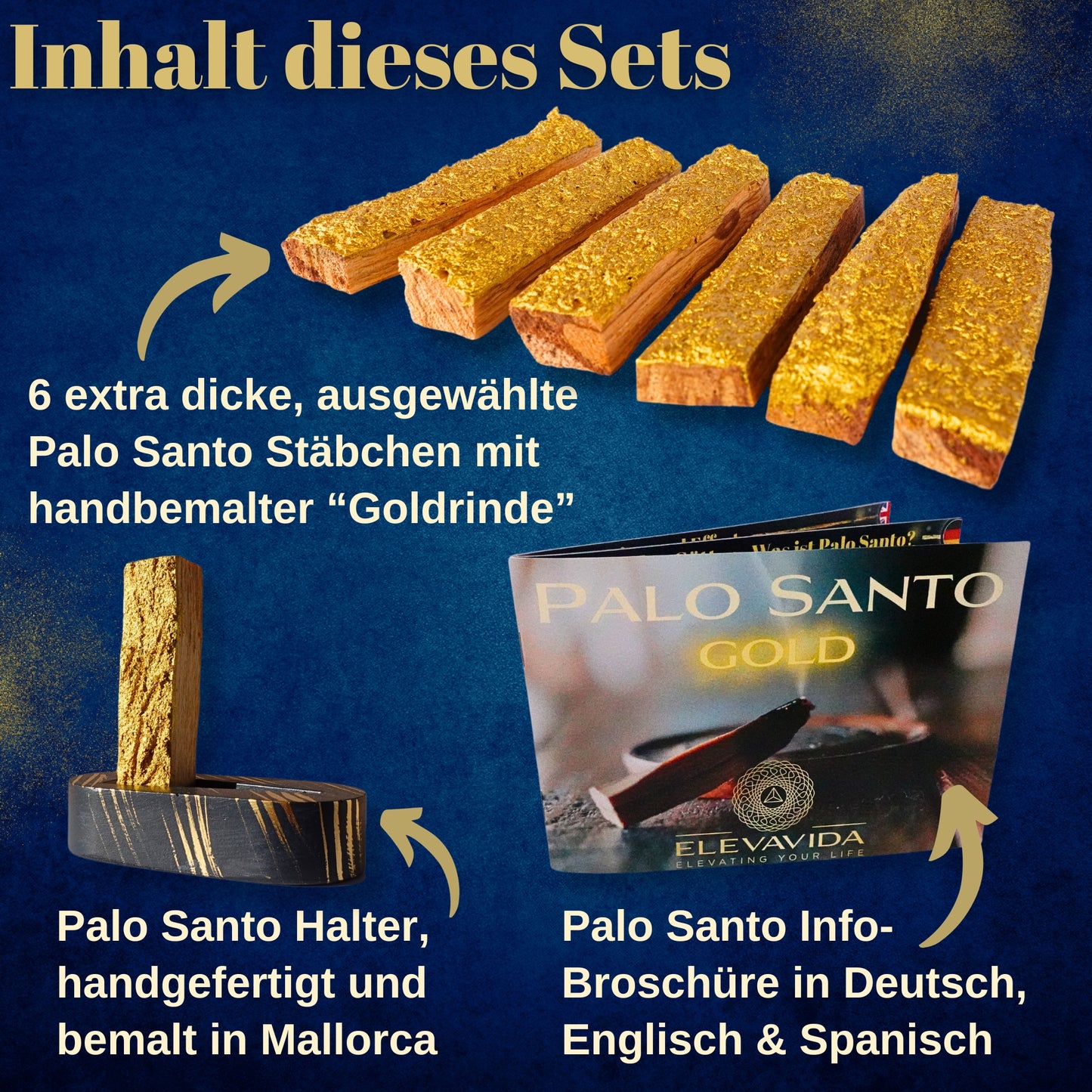ELEVAVIDA® Palo Santo Gold – Set aus 6 extra großen Stäben mit „Goldrinde“, handgefertigter Halter und Broschüre in edler Geschenkschachtel - ideales aromatisch duftendes spirituelles Geschenk