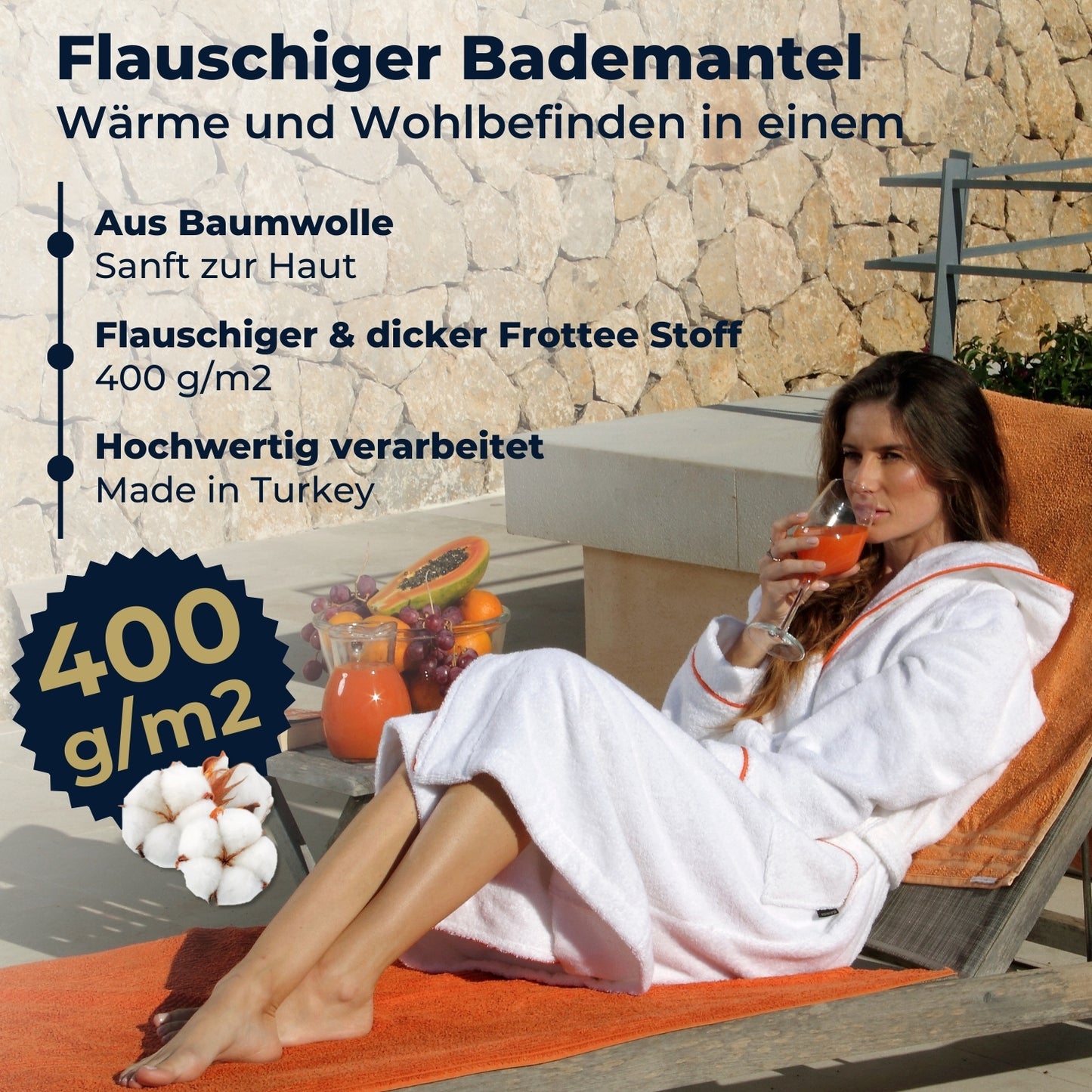Damen Bademantel mit Kapuze aus kuscheliger Baumwolle - blütenweiß - extra weich und bequem - Frottee Sauna Bademantel lang - OEKO-TEX zertifiziert