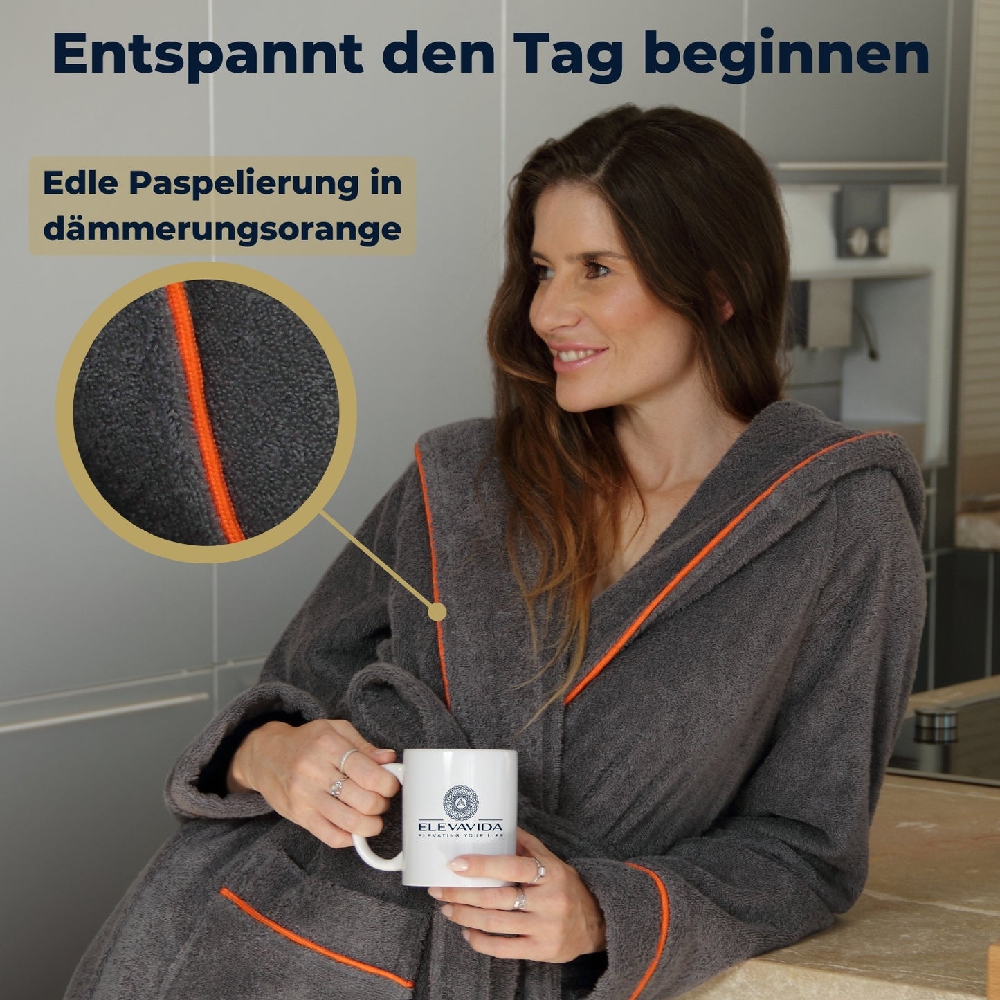 ELEVAVIDA® Damen Bademantel mit Kapuze aus kuscheliger Baumwolle - delphingrau - extra weich und bequem - Frottee Sauna Bademantel lang - OEKO-TEX zertifiziert