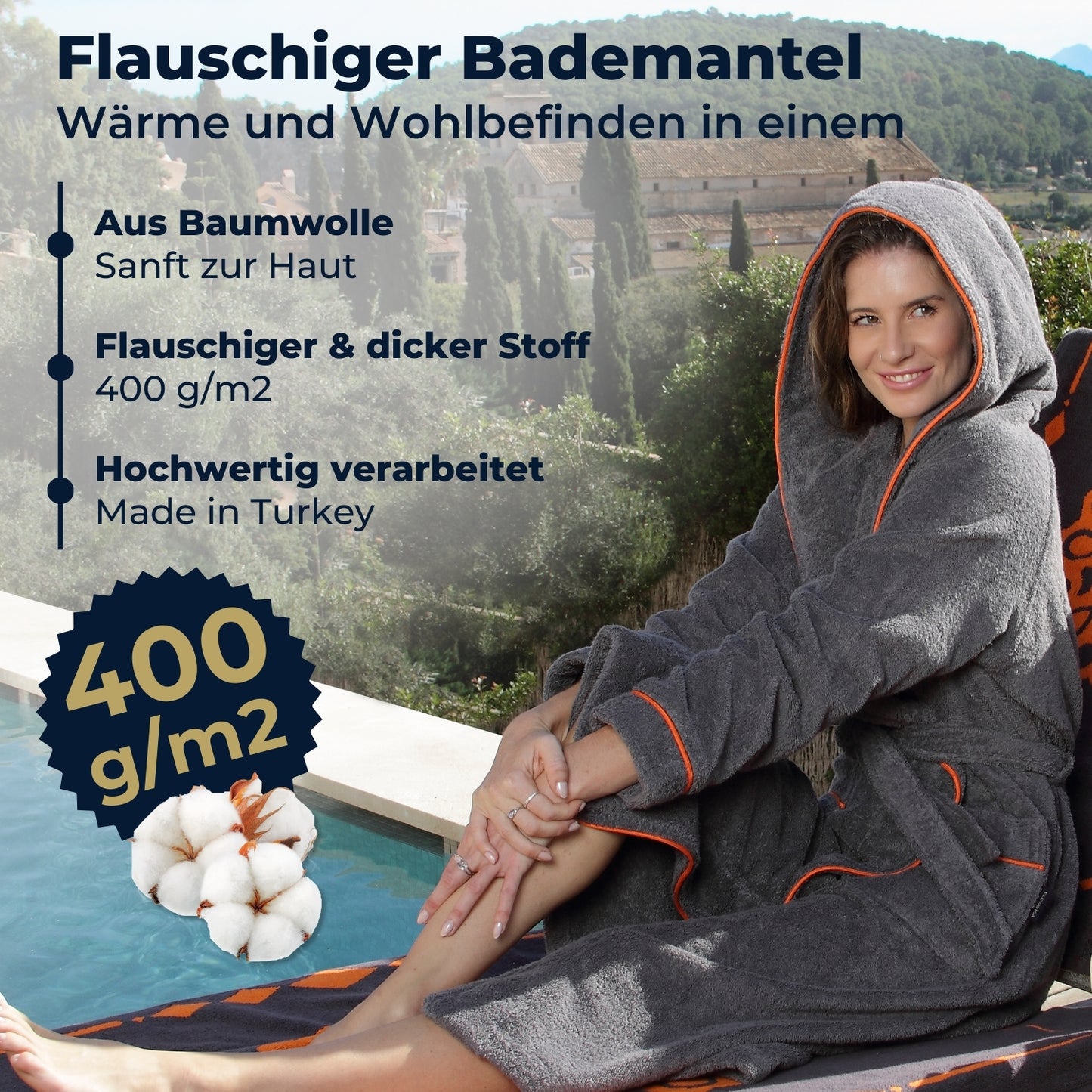 ELEVAVIDA® Damen Bademantel mit Kapuze aus kuscheliger Baumwolle - delphingrau - extra weich und bequem - Frottee Sauna Bademantel lang - OEKO-TEX zertifiziert
