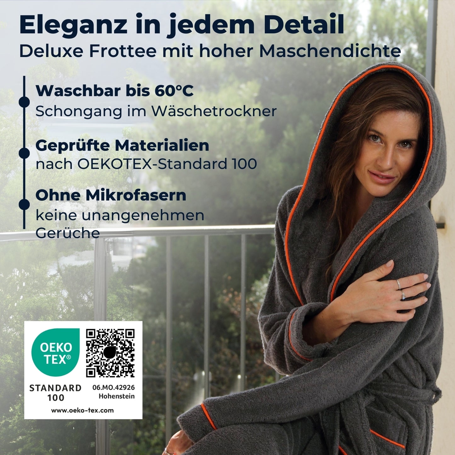 ELEVAVIDA® Damen Bademantel mit Kapuze aus kuscheliger Baumwolle - delphingrau - extra weich und bequem - Frottee Sauna Bademantel lang - OEKO-TEX zertifiziert