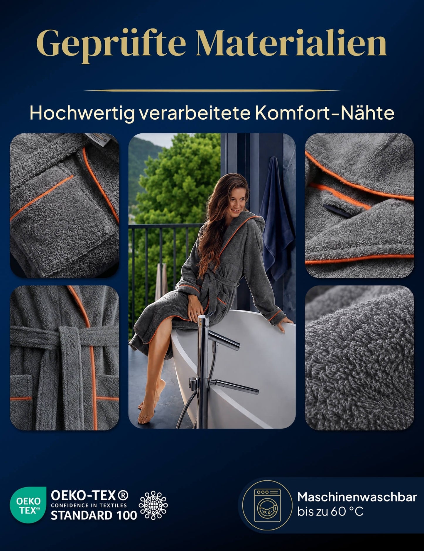 Damen Bademantel mit Kapuze aus kuscheliger Baumwolle - delphingrau - extra weich und bequem - OEKO-TEX zertifiziert