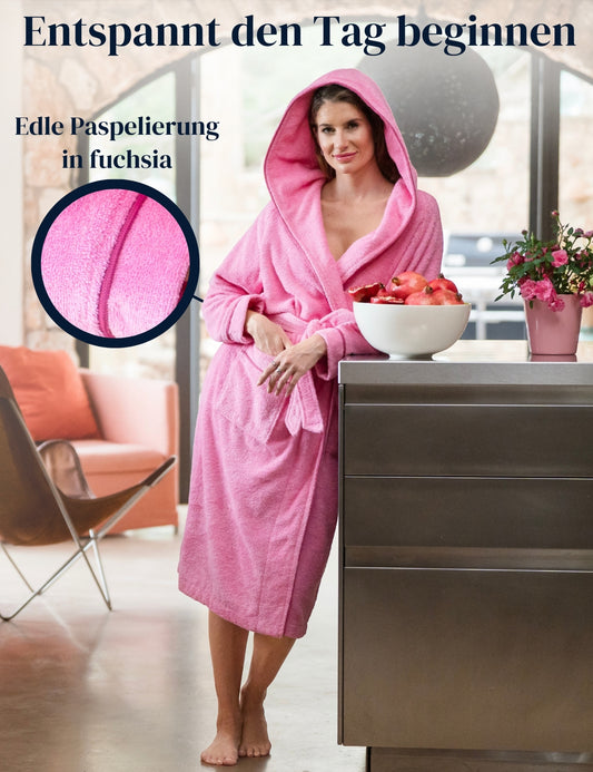Damen Bademantel mit Kapuze aus kuscheliger Baumwolle rosa - extra weich und bequem - OEKO-TEX zertifiziert