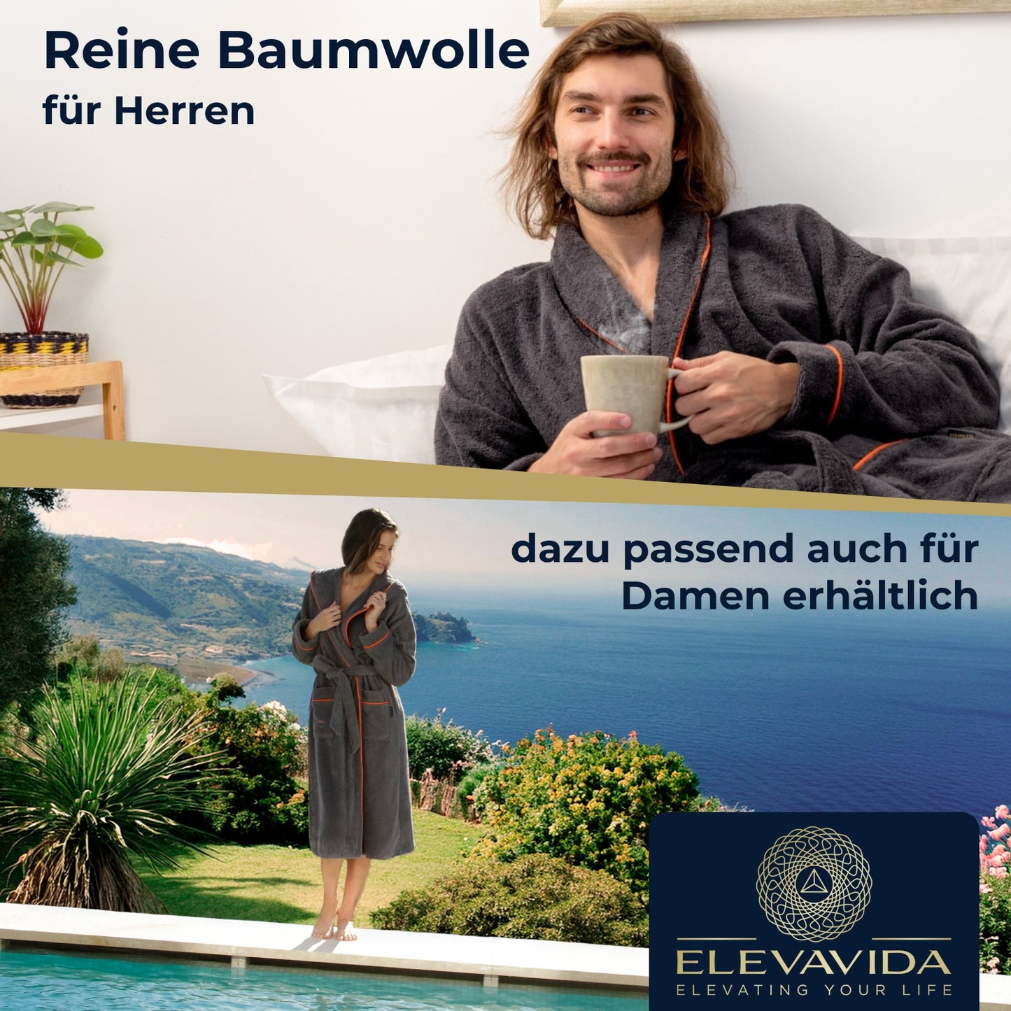 ELEVAVIDA® Herren Bademantel anthrazit aus kuscheliger Baumwolle (400 g/m2) - extra weich und bequem - OEKO-TEX zertifiziert