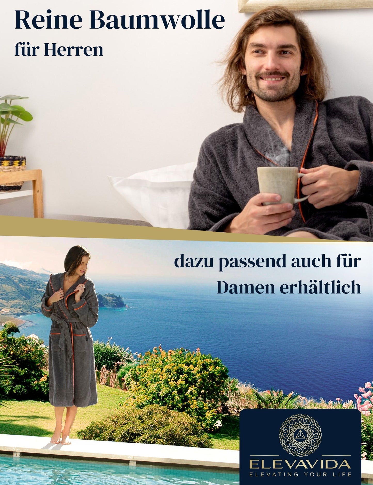 Herren Bademantel anthrazit aus kuscheliger Baumwolle ohne Kapuze (400 g/m2) - extra weich und bequem - OEKO-TEX zertifiziert