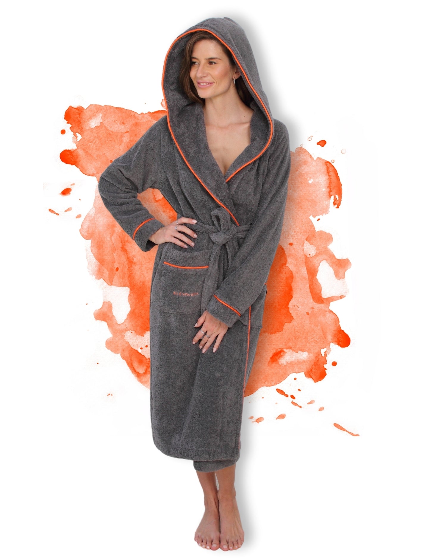 ELEVAVIDA® Damen Bademantel mit Kapuze aus kuscheliger Baumwolle - delphingrau - extra weich und bequem - Frottee Sauna Bademantel lang - OEKO-TEX zertifiziert