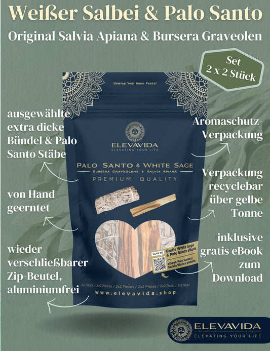 Set 2x Weißer Salbei (Salvia Apiana) aus Kalifornien & 2x Palo Santo aus Peru zum Räuchern, Räucherbündel White Sage & Palo Santo Smudge Sticks