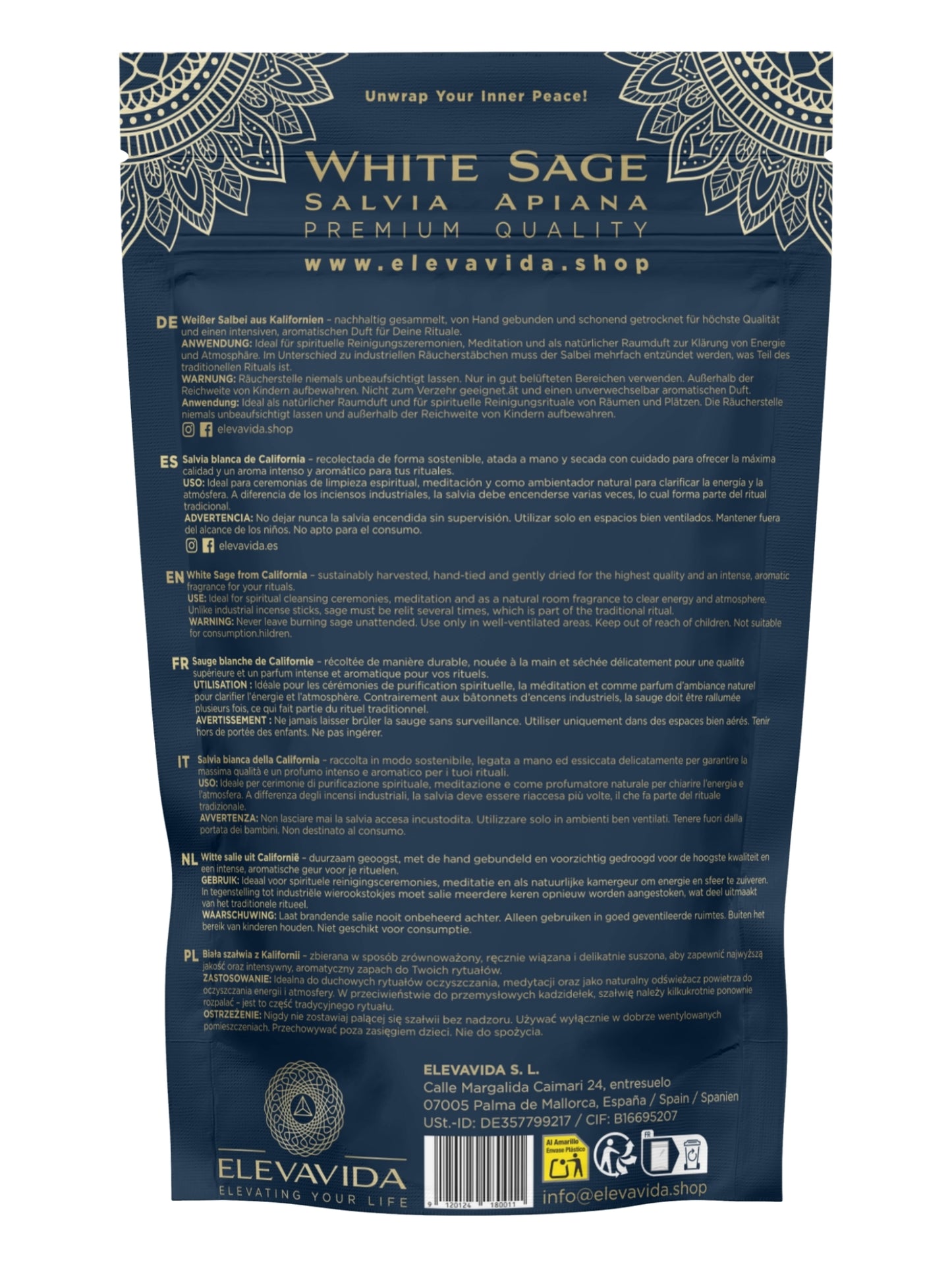 Set 2x Weißer Salbei (Salvia Apiana) aus Kalifornien & 2x Palo Santo aus Peru zum Räuchern, Räucherbündel White Sage & Palo Santo Smudge Sticks