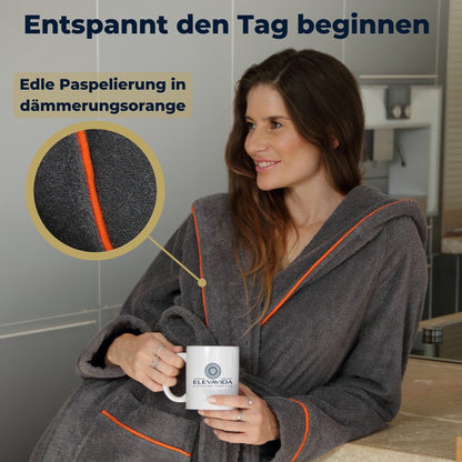 ELEVAVIDA® Damen Bademantel mit Kapuze aus kuscheliger Baumwolle - delphingrau - extra weich und bequem - Frottee Sauna Bademantel lang - OEKO-TEX zertifiziert