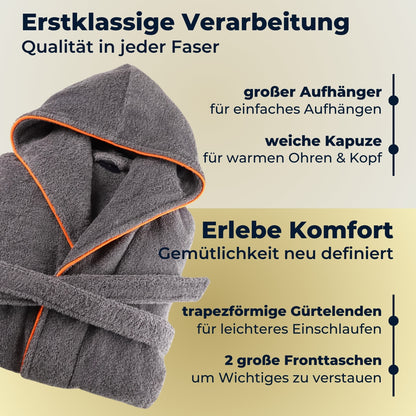 ELEVAVIDA® Damen Bademantel mit Kapuze aus kuscheliger Baumwolle - delphingrau - extra weich und bequem - Frottee Sauna Bademantel lang - OEKO-TEX zertifiziert