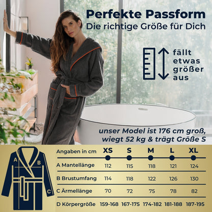ELEVAVIDA® Damen Bademantel mit Kapuze aus kuscheliger Baumwolle - delphingrau - extra weich und bequem - Frottee Sauna Bademantel lang - OEKO-TEX zertifiziert