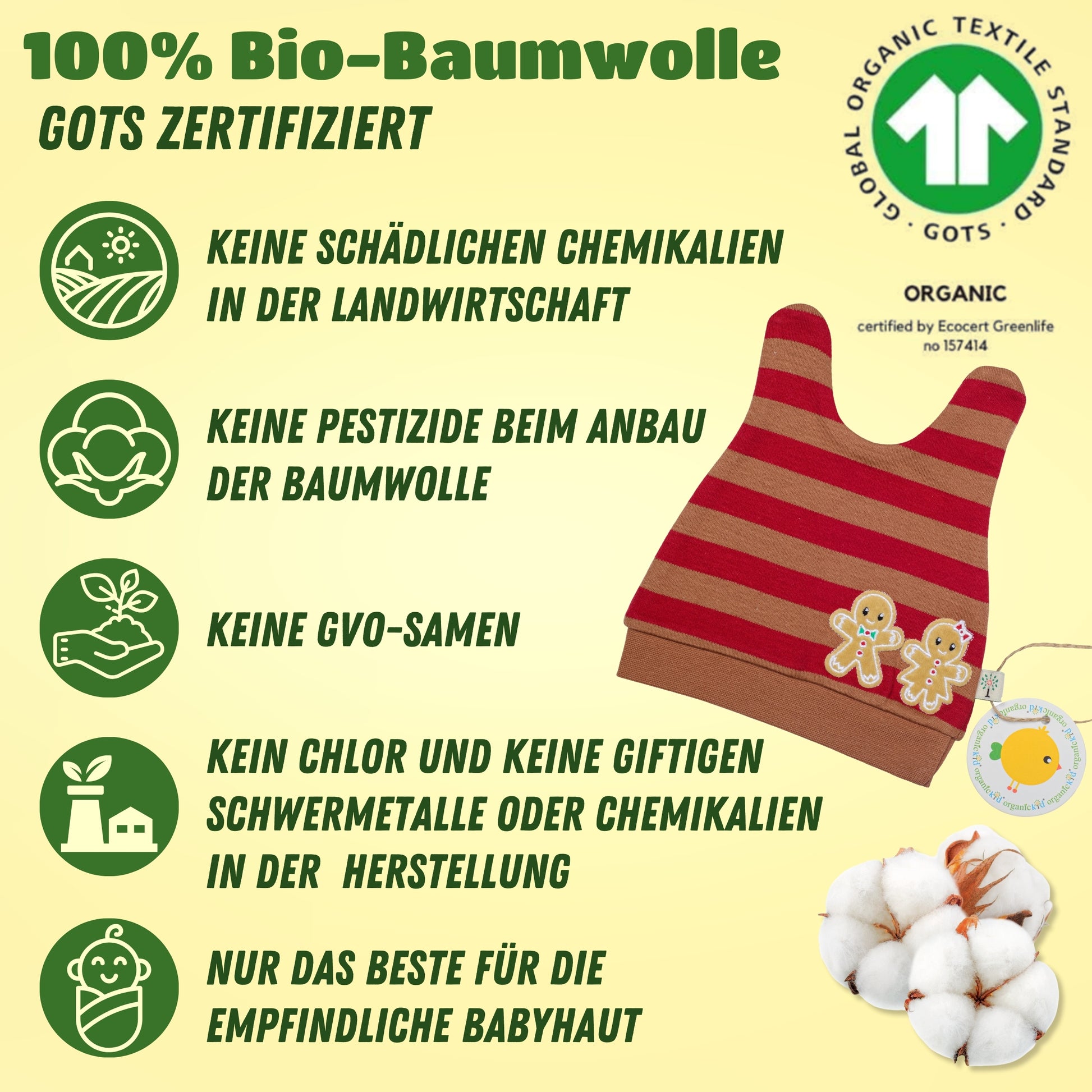 Babymütze aus Biobaumwolle Winterdesign Lebkuchen GOTS