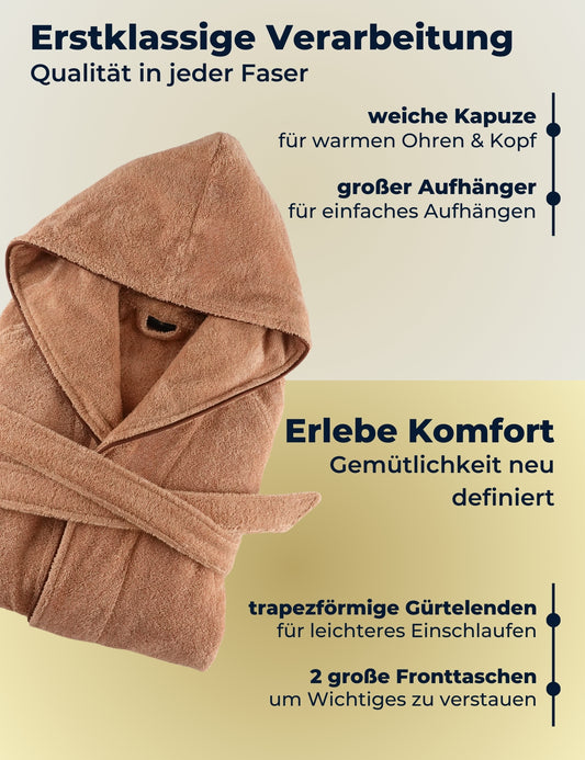 Damen Bademantel mit Kapuze aus kuscheliger Baumwolle beige - extra weich und bequem - Frottee Sauna Bademantel lang - OEKO-TEX zertifiziert