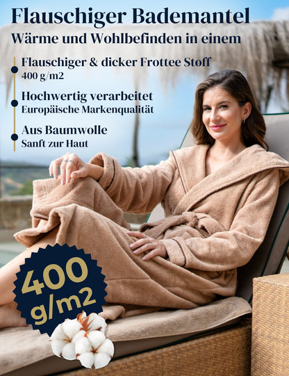 Damen Bademantel mit Kapuze aus kuscheliger Baumwolle beige - extra weich und bequem - OEKO-TEX zertifiziert