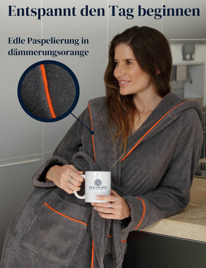 Damen Bademantel mit Kapuze aus kuscheliger Baumwolle - delphingrau - extra weich und bequem - OEKO-TEX zertifiziert