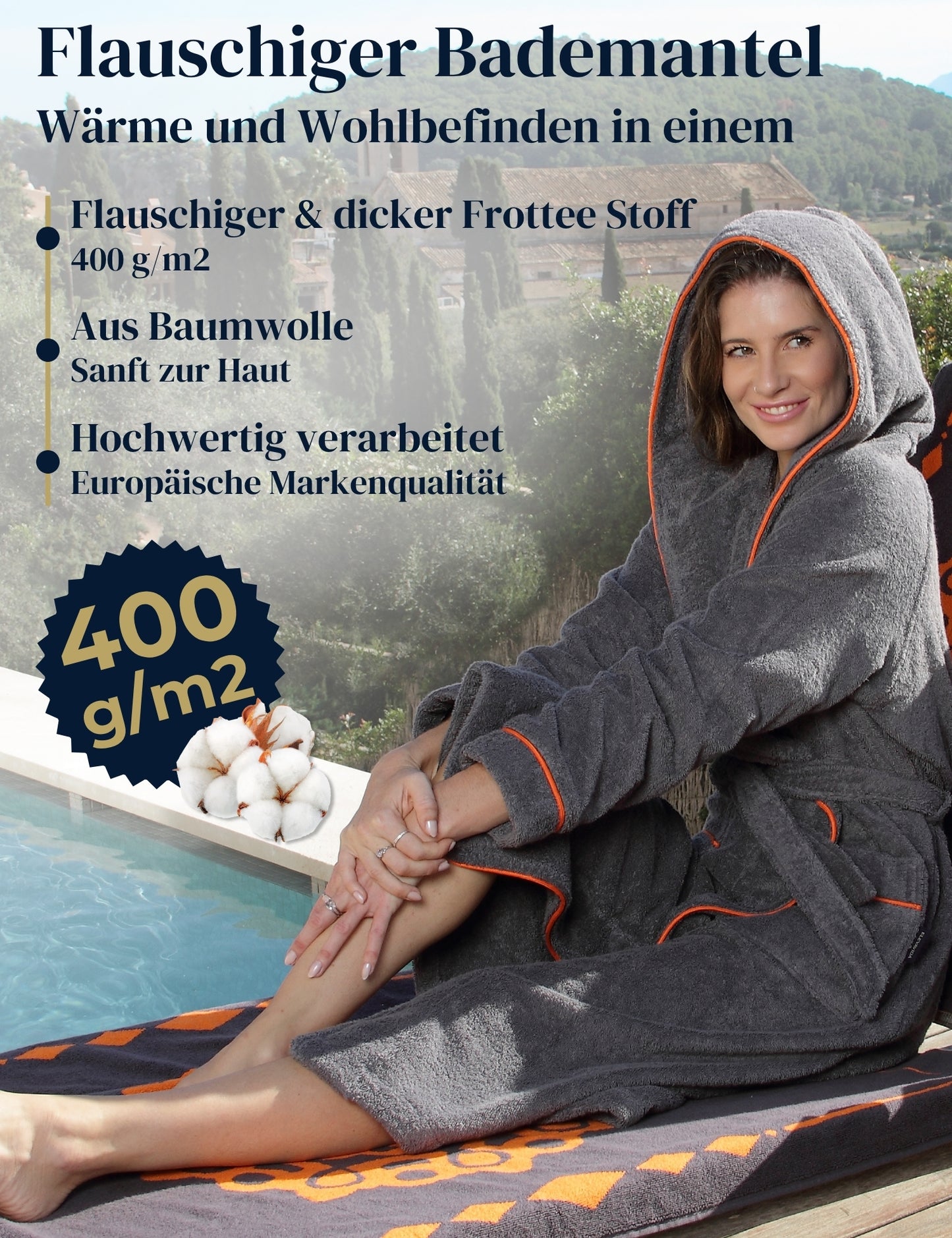 Damen Bademantel mit Kapuze aus kuscheliger Baumwolle - delphingrau - extra weich und bequem - OEKO-TEX zertifiziert