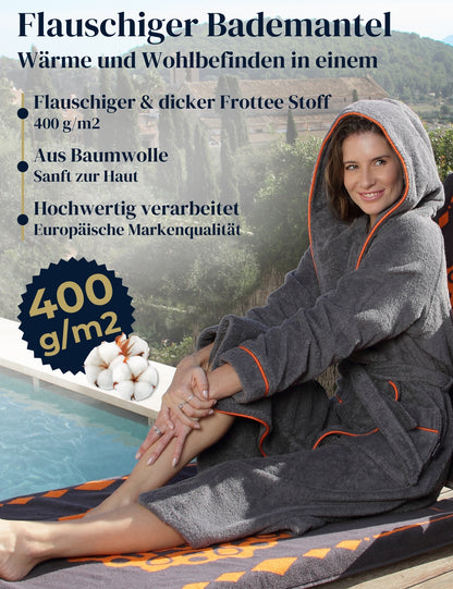 Damen Bademantel mit Kapuze aus kuscheliger Baumwolle - delphingrau - extra weich und bequem - OEKO-TEX zertifiziert