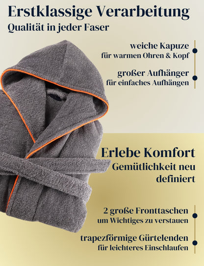 Damen Bademantel mit Kapuze aus kuscheliger Baumwolle - delphingrau - extra weich und bequem - OEKO-TEX zertifiziert
