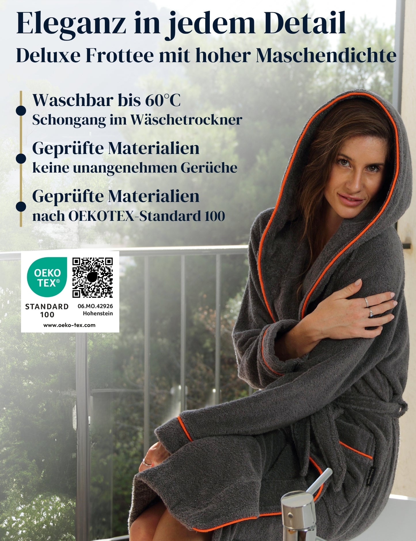 Damen Bademantel mit Kapuze aus kuscheliger Baumwolle - delphingrau - extra weich und bequem - OEKO-TEX zertifiziert