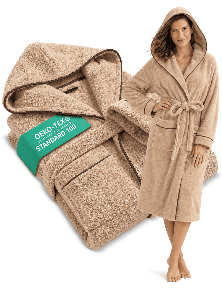 Damen Bademantel mit Kapuze aus kuscheliger Baumwolle beige - extra weich und bequem - OEKO-TEX zertifiziert