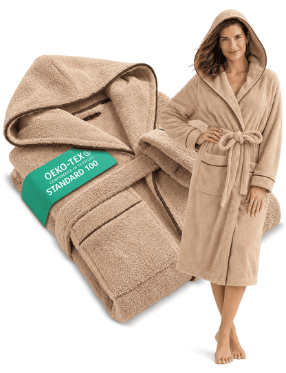 Damen Bademantel mit Kapuze aus kuscheliger Baumwolle beige - extra weich und bequem - OEKO-TEX zertifiziert