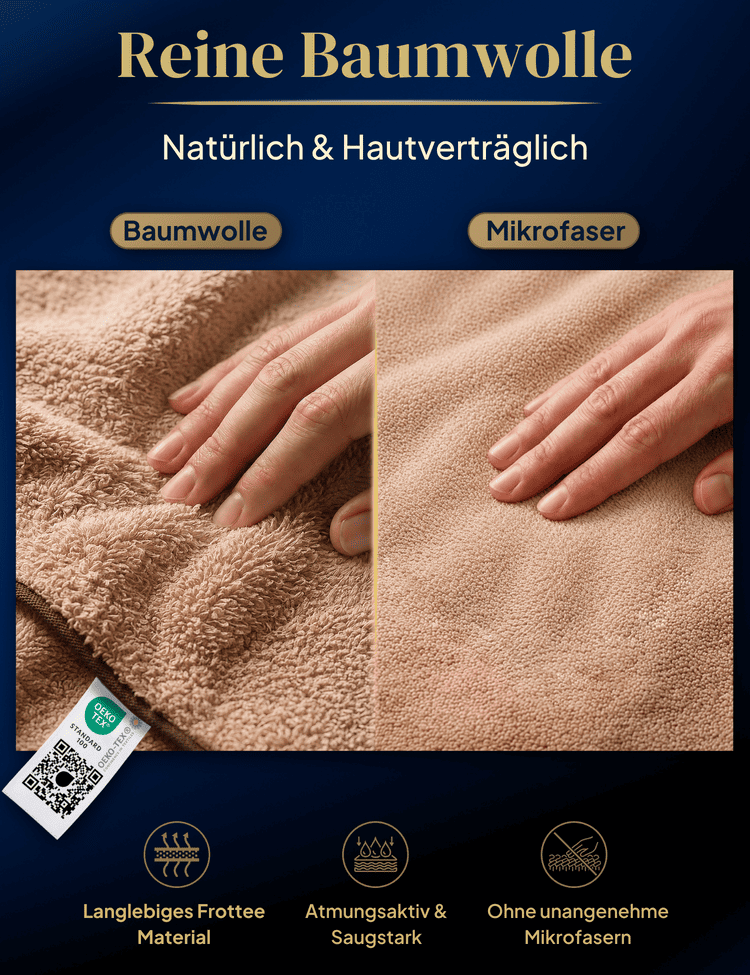 Damen Bademantel mit Kapuze aus kuscheliger Baumwolle beige - extra weich und bequem - OEKO-TEX zertifiziert
