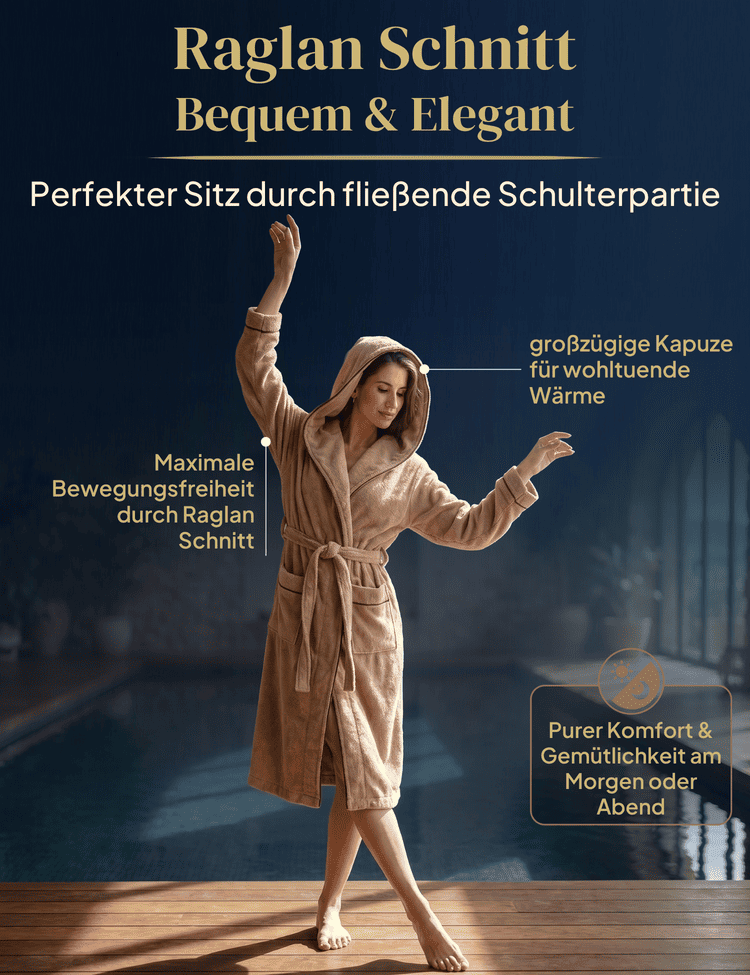 Damen Bademantel mit Kapuze aus kuscheliger Baumwolle beige - extra weich und bequem - OEKO-TEX zertifiziert