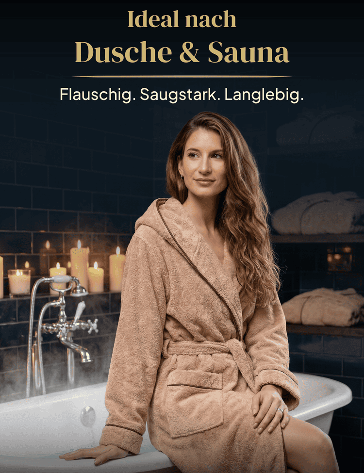 Damen Bademantel mit Kapuze aus kuscheliger Baumwolle beige - extra weich und bequem - OEKO-TEX zertifiziert