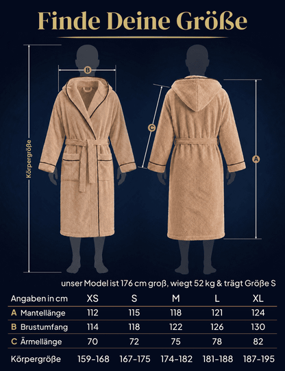 Damen Bademantel mit Kapuze aus kuscheliger Baumwolle beige - extra weich und bequem - OEKO-TEX zertifiziert