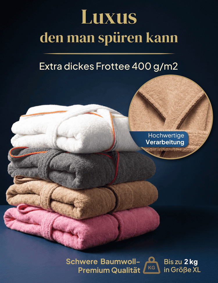Damen Bademantel mit Kapuze aus kuscheliger Baumwolle beige - extra weich und bequem - OEKO-TEX zertifiziert