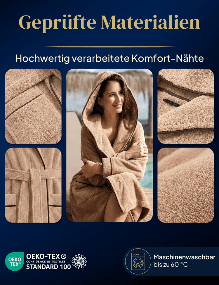 Damen Bademantel mit Kapuze aus kuscheliger Baumwolle beige - extra weich und bequem - OEKO-TEX zertifiziert