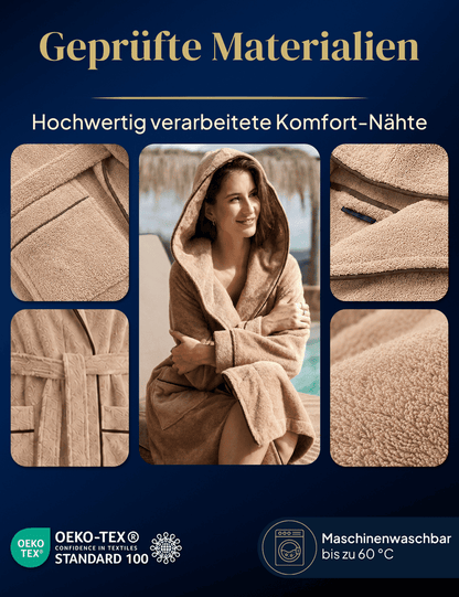 Damen Bademantel mit Kapuze aus kuscheliger Baumwolle beige - extra weich und bequem - OEKO-TEX zertifiziert