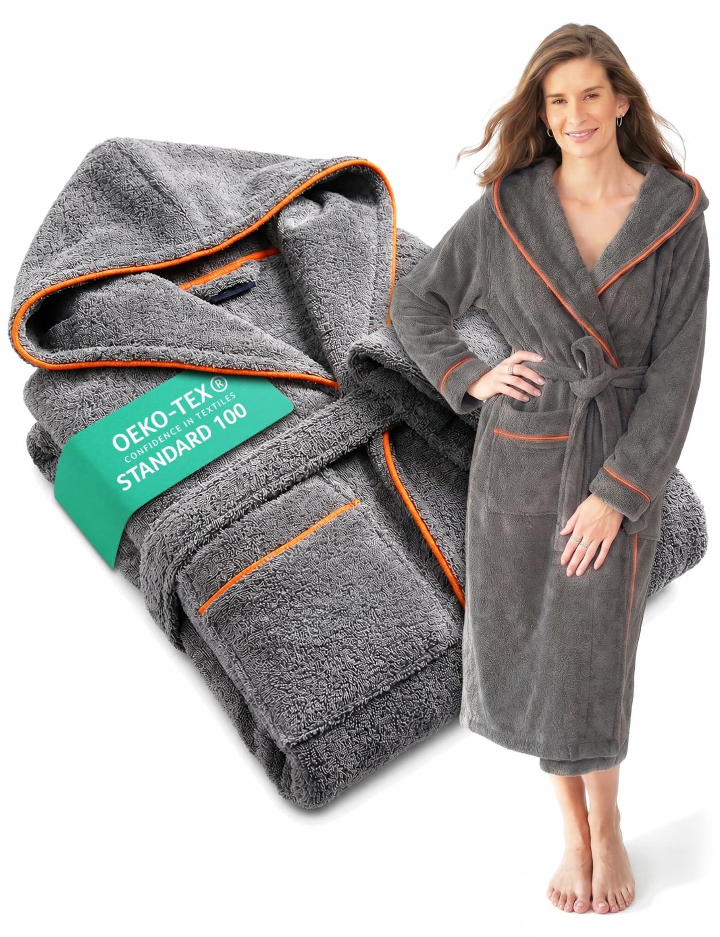Damen Bademantel mit Kapuze aus kuscheliger Baumwolle - delphingrau - extra weich und bequem - OEKO-TEX zertifiziert
