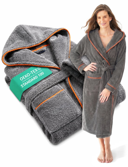 Damen Bademantel mit Kapuze aus kuscheliger Baumwolle - delphingrau - extra weich und bequem - OEKO-TEX zertifiziert