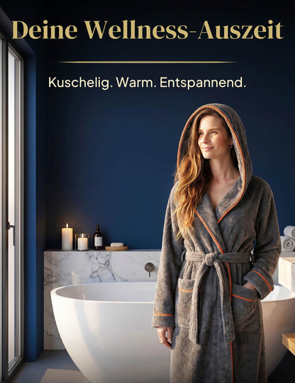 Damen Bademantel mit Kapuze aus kuscheliger Baumwolle - delphingrau - extra weich und bequem - OEKO-TEX zertifiziert