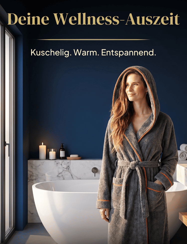 Damen Bademantel mit Kapuze aus kuscheliger Baumwolle - delphingrau - extra weich und bequem - OEKO-TEX zertifiziert